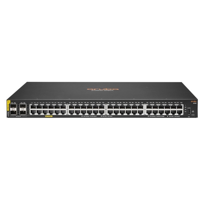 Switch HP Aruba 6100 48 Puertos 10/100/1000 Mbps 4 Puertos 1G/10G SFP Clase 4 PoE 370W L2 JL675A